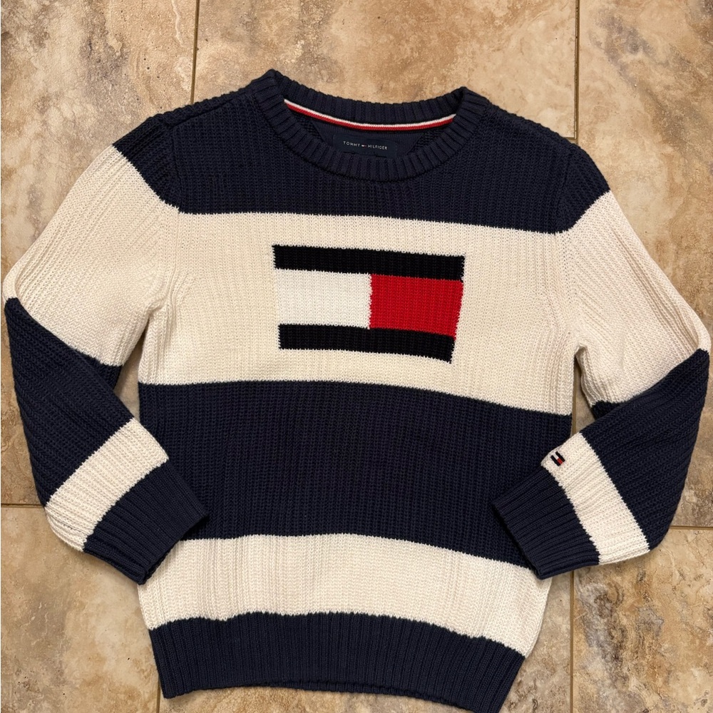 Tommy Hilfiger Boy's Kids' Flag Colorblock Ribbed Knit Navy/Ivory Sweater XS 4-5